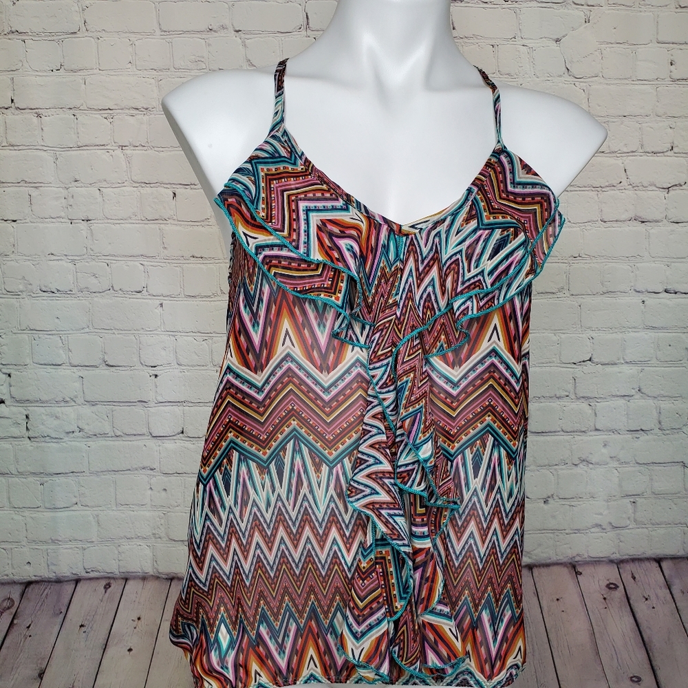 Papaya Zig Zag Racerback Sheer Ruffle Tank Top Size S